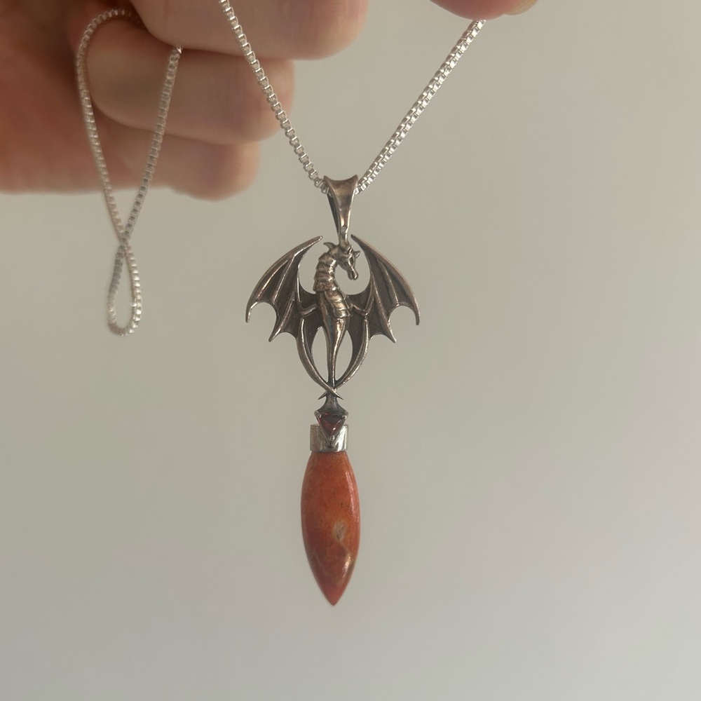 925s sterling silver Dragon Necklace w/ GARNET & CORAL